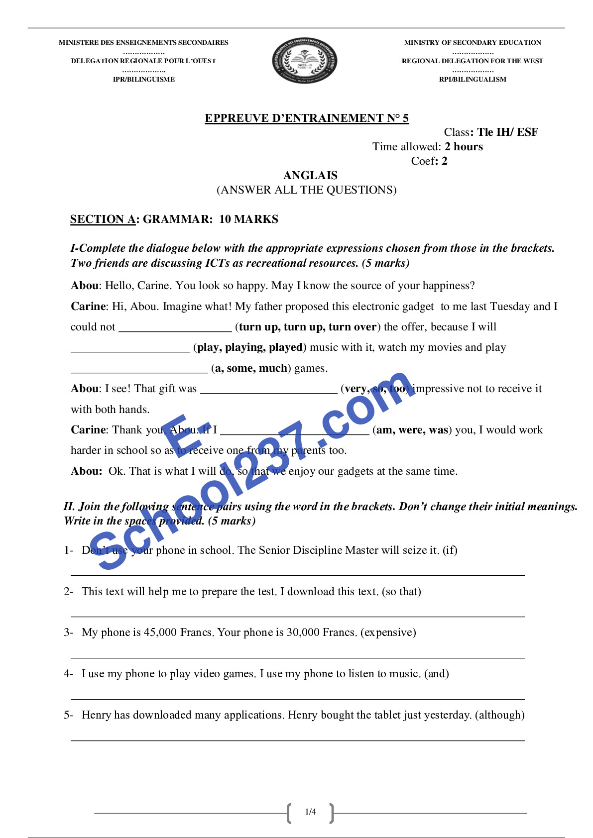 DRES-OUEST ÉPREUVE D'ANGLAIS TleIH-ESF N⁰5